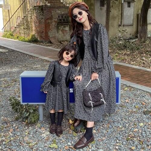 Family Outfit Matching Mother and Daughter Dress Korean Style Leather Jacket Suit Long Sleeve Dress 2021 Autumn Floral for Girl