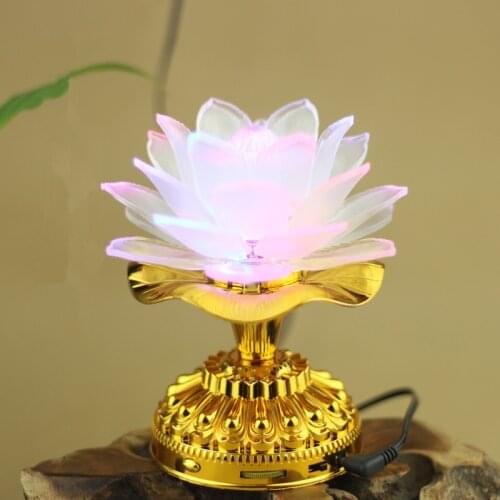 Holy 7 Colorful LED Lotus Lamp Buddhist Supplies Alloy Base Change white Lamp with 13 Buddhism Song Buddha Temple Decoration