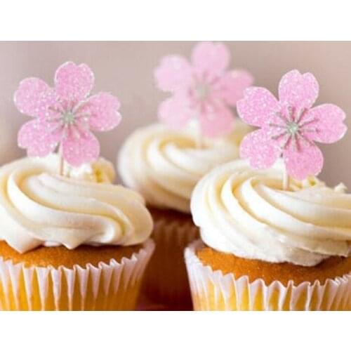 Cake toppers pink flower paper cards banner for Cupcake Wrapper Baking Cup birthday tea party wedding decoration baby shower Wh