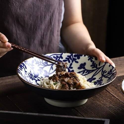 Japanese underglaze ceramic large noodle soup rice bowl household single ramen bowl restaurant bamboo hat tableware