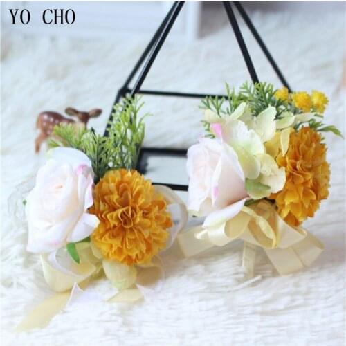 YO CHO Silk Groom Boutonniere Flower Rose Boutonniere Men Wedding Corsage Bracelet Flower Wedding Planner Marriage Brooch Flower