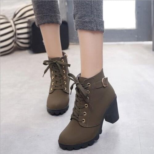 2020 New Autumn Winter Women Boots High Quality Solid Lace-up European Ladies Shoes PU Fashion High Heels Boots 35-42