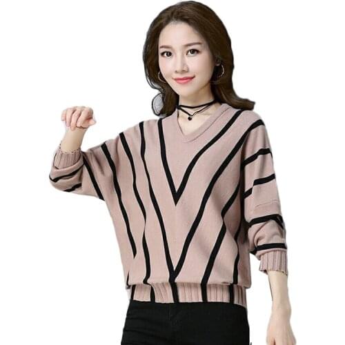 Spring Autumn New Bat Sweater Womens Pullover Loose Korean Striped Blouse Female Knit Sweater Long Sleeve Jumper Full Femme Q32