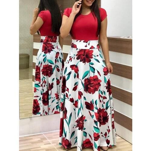 2019 New Summer Patchwork Flowers Printed Women Casual Beach Dresses Women Fashion Floral Maxi Dress