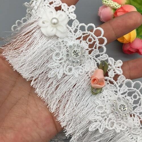 10pcs Diamond Rhinestone White Fringe Tassel Lace Trim Flower Embroidered Ribbon Fabric Sewing Craft Dress DIY Accessories 62mm