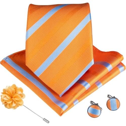 100% Silk Mens Tie 8cm Wide Striped Orange Business Wedding Party Necktie Hankerchief Cufflinks Set Formal Dress Cravat DiBanGu