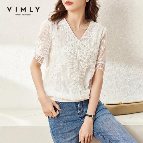 VIMLY Summer Womens Blouse Elegant V Neck Lace Embroidered Shirts 2021 Office Ladies Chiffon Blouses Korean Women Tops F7172