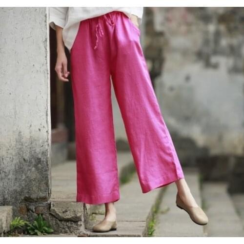 Wind Flax Plain Sand Washing Of Broad-legged LinenTrousers Do Used Pulling Rope Leisure Time Nine Part Pants Easy Knicker