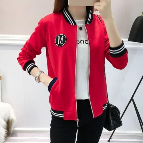 Womens Bomber Jacket Coat Autumn Casual Stand Neck Long Sleeve Patchwork Red Coats Plus Size Baseball Wear Loose Short Outwear
