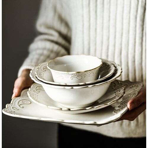 Antique Relief Ceramic Dinner Plate Set Porcelain Main Dish Serving Tray Dessert Salad Dishes Tableware For Restaurant Home Cafe