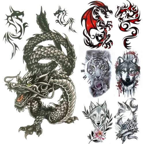 Realistic Dragons Fake Temporary Tattoo For Men Women Tribe Tigers Tattoos Stickers Spray Wolf Flowers Waterproof Tatoo Body Art