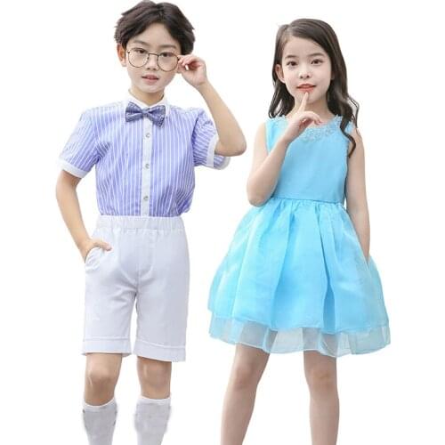 Boys Girls Shirt +Shorts Clothing Set School Kids Performance Uniform Princess Girls Party Dress Teenager Girls Wedding Dresses