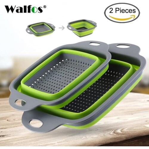 WALFOS 2pcs/set Foldable Strainer Basket Collapsible Colander Sets Square Shape Fruit Vegetable Washing Drainer Kitchen Baskets