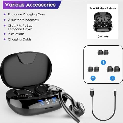 TWS Earphones Sport Ear Hook LED Display Wireless Headphones HiFi Stereo Earbuds Waterproof Headsets With Microphones