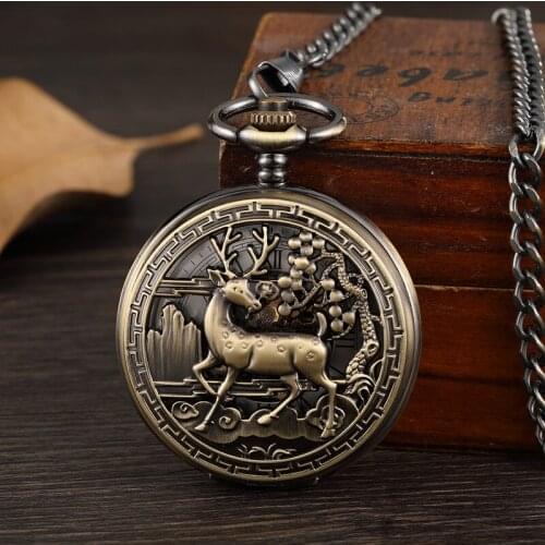 Vintage Deer Motif Hollow Hand-winding Pocket Watch Mechanical Double Cover Fob Chain Necklace Watches Steampunk Bronze Pendent