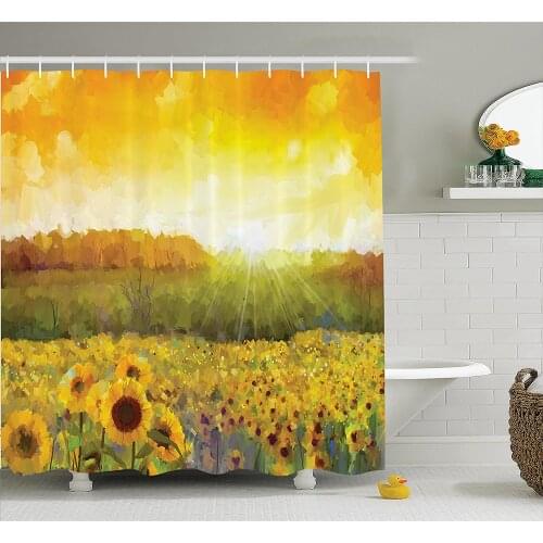 Sunflower Shower Curtain Landscape A Golden Yellow Sunflower Field Distant Hill Sunset Colors Wall Decoration Hanging Curtains
