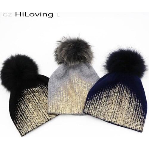 GZHilovingL Soft Warm Women Ladies Winter Knitted Beanie Hat Cap With Fur Pompom Gold Metallic Wool Thick Fur Hats Cap For Girls
