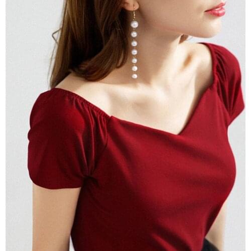 Retro Elegant Square Collar T-shirt Women Short-sleeved Red White Black T-shirt Simple Casual Tight Tops Slim Women Clothes