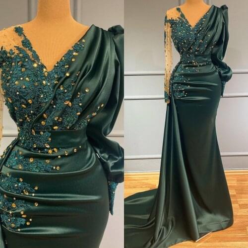 Dark Green Evening Dresses Party Wear Satin Crystal Long Sleeves Mermaid Prom Dress Custom Made Women Formal Gowns