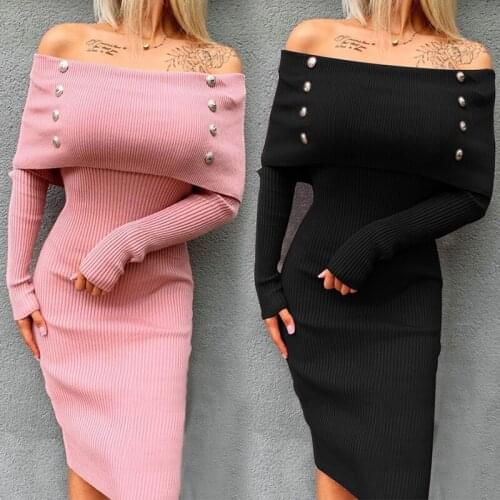Women Off Shoulder Dresses Bodycon Pencil Sexy Cocktail Party Long Sleeve Stretch Warm Jumper Dress