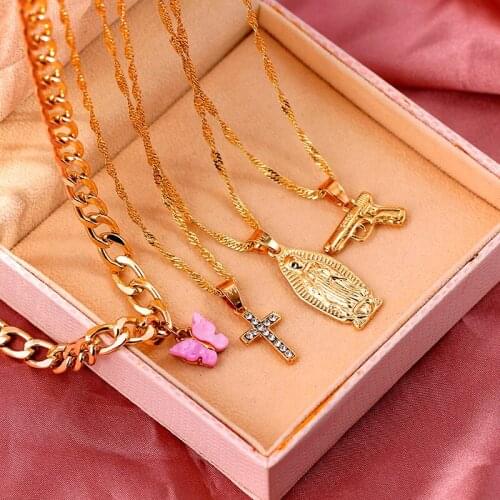 JUST FEEL Trendy New Virgin Mary Pistol Crystal Heart Pendant Necklace for Women Gold Color Multi Layer Angel Necklace Jewelry