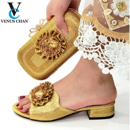 Gold Color High Quality Slingback Sandals African Women Shoes and Bag Set Special Design Summer New with Shinning Crystal