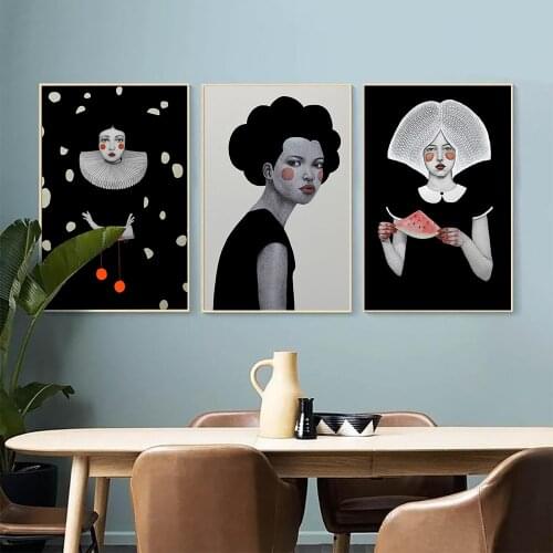 Abstract Vintage Girl Black Background Wall Art Canvas Painting Nordic Posters And Prints Wall Pictures For Living Room Decor