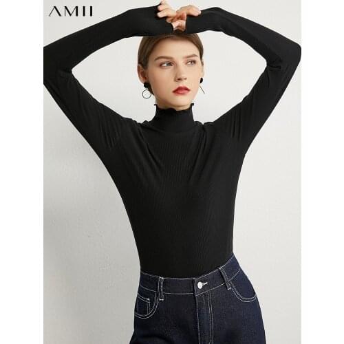 AMII Minimalism Autumn Winter Womens Tshirt Causal Ruffle Solid Slim Fit Women Pullover Female Sweater Tops 12020372
