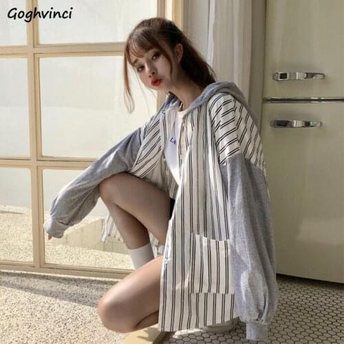 Basic Jackets Women Long Sleeve Spring Striped Patchwork Hooded Pockets Single-breasted Fake-two Pieces Ulzzang Trendy Students