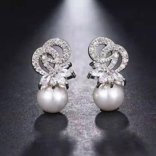 Ekopdee Classic Elegant Pearl Design Zircon Stud Earrings For Women Dainty CZ Crystal Stud Earring Wedding Engagement Jewelry