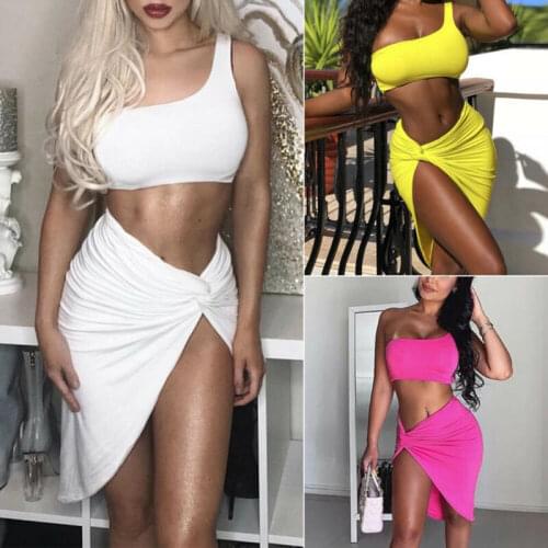 Hot Sale Two Pieces Off Shoulder Bandage Clubwear Top And Skirt Set Sexy Sleeveless Vest Bra Crop Tops Tank Side Split Skirt