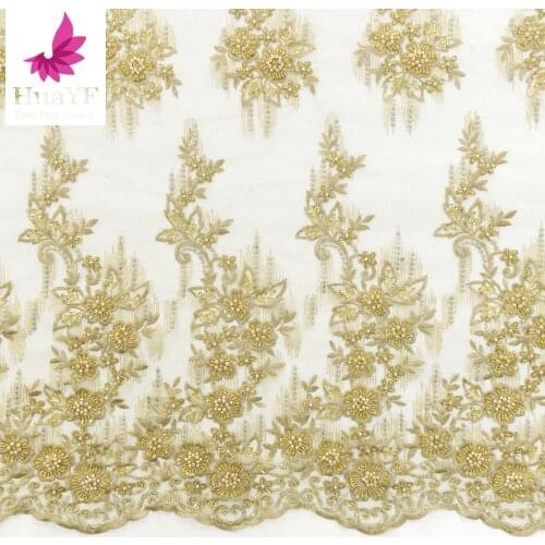 Best Sell African Gold Floral Embroidery 3d Beaded Lace Dress Fabric With Pearls HY1314-8