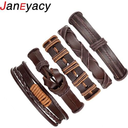 Janeyacy 1 Set 5pcs Fashion Multiple Layers Punk Leather Bracelets Men Classic Rope Chain Charms Bracelet For Men Pulseras Gifts