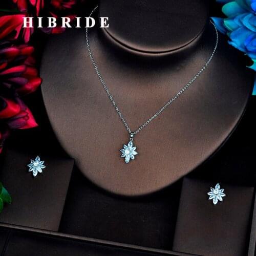 HIBRIDE Luxury Flower Pendant Clear Cubic Zircon Wedding Women Bridal Jewelry Sets Link Necklace Sets Dress Accessories N-537