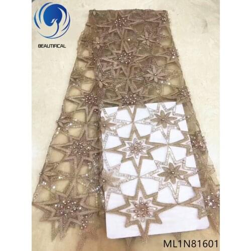 BEAUTIFICAL african lace fabrics beautiful pattern nigerian net lace sequins fabric lace embroidery beads for dress ML1N816
