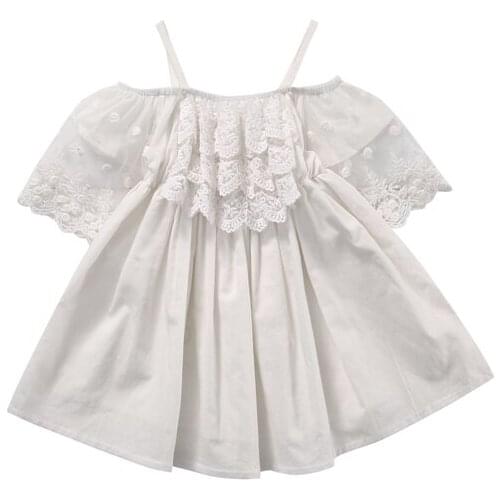 2017 Cute Fashion Summer Party Newborn Baby Girls O-Neck Off Shoulder Lace Floral White A-Line Knee-Length Princess Dress 2-7Y
