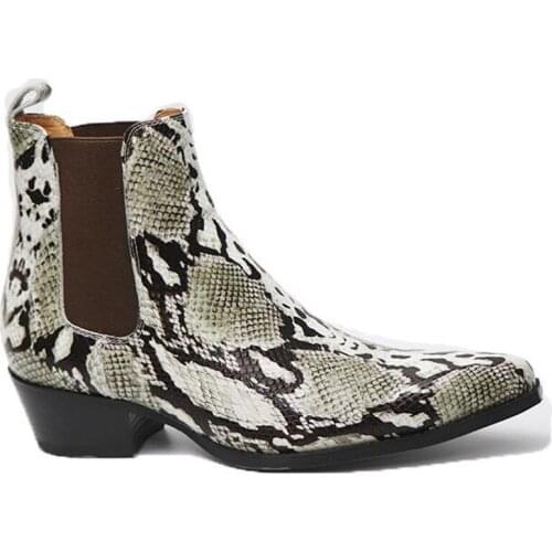 Men Luxury genuine Leather Handmade Serpentine Chelsea Boots 6cm heel high top pionted toe wedding dress Boots