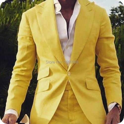 Latest Coat Pant Designs 2019 Yellow Wedding Groom Men Suit One Button Slim Fit Suits Prom Tuxedo Dress Wedding Groomsman Suit
