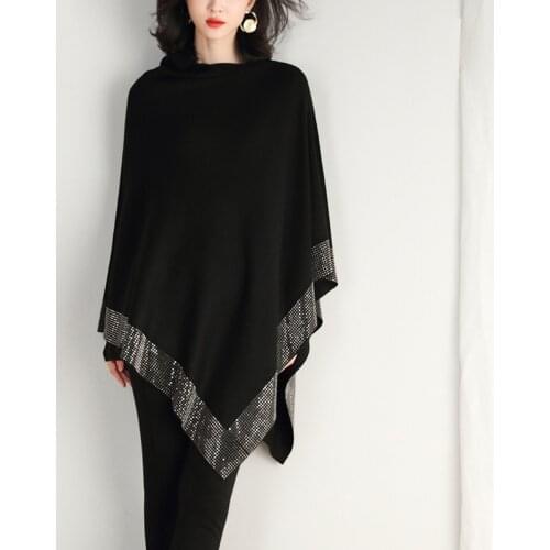 ZJZLL 2021 New Autumn Fashion Winter Diamonds Knit Wool Shawl Cloak Loose Plus Size Solid Woman Poncho Cape Pullover Sweater