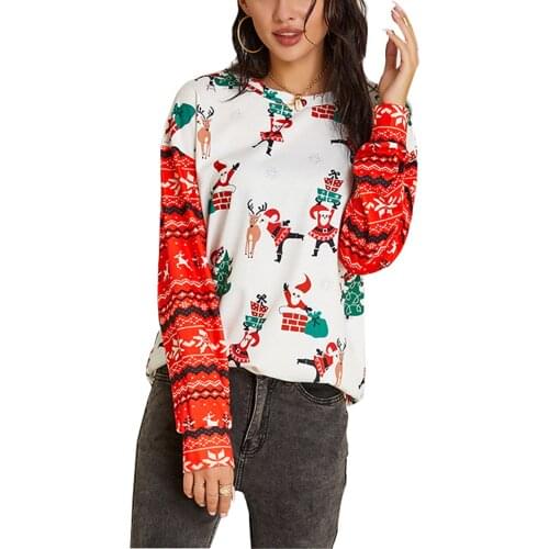 New Arrival Fashion Womens Christmas Top Long Sleeve Crew Neck Moose Gift Chimney Printed Girls' Clothes