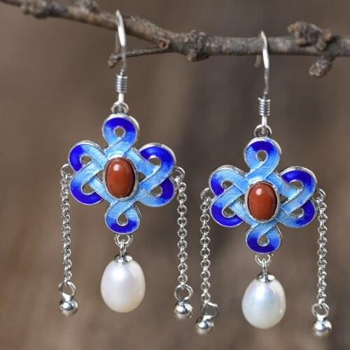 New S925 silver woman earrings vintage cloisonne auspicious Chinese knot red agate freshwater pearl silver earrings for woman