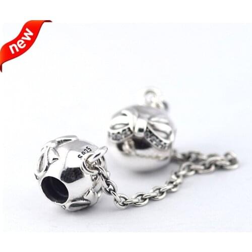 Fits For Pandora Braclets Dainty Bow Safe Chain Charms 100% 925 Sterling Silver Beads Free Shipping