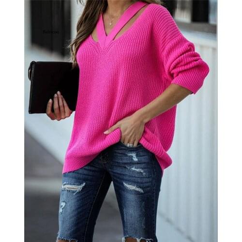 V Neck Casual Women Pulovers Sweaters Boho Holiday Knitwear Sweater Oversize Long Sleeve Solid Jumper Top Winter New
