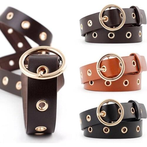 Women Round Buckle Eyelets Adjustable Faux Leather Belt Jeans Pants Waistband