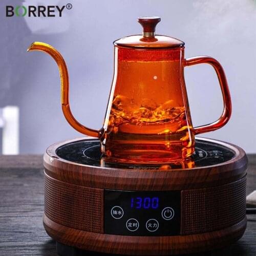 BORREY Glass Long Mouth Coffee Pot Gooseneck Swan Neck Thin Mouth Kettle Brewers Hand-Made Coffe Maker Drip Kettle 350ML/600ML