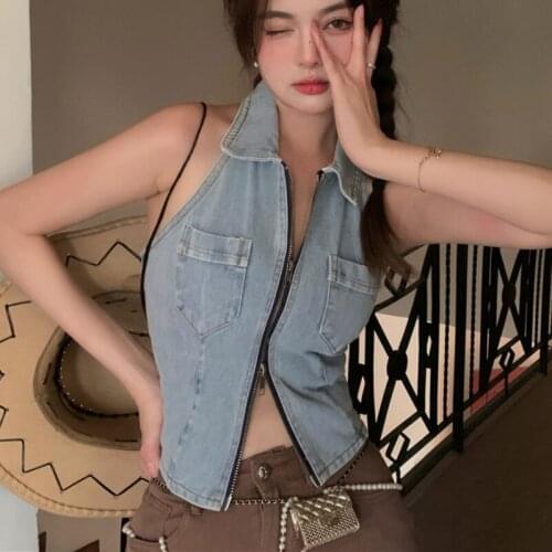 Zoki Denim Women Tanks Sexy Zipper Sleeveless Crop Tops Turn Down Collar Summer Jeans Backless Tunic Ladies Strretwear Camis