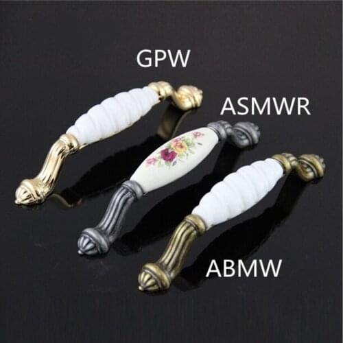 128mm Retro fashion gold white ceramic furniture handle bronze kitchen cabinet pull antique silver dresser handle 5" porcelain
