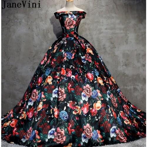 JaneVini Vintage Flowers Pattern Prom Dress Long Floral Party Dress Wedding 2018 Off Shoulder Floral Print Bridesmaid Dresses
