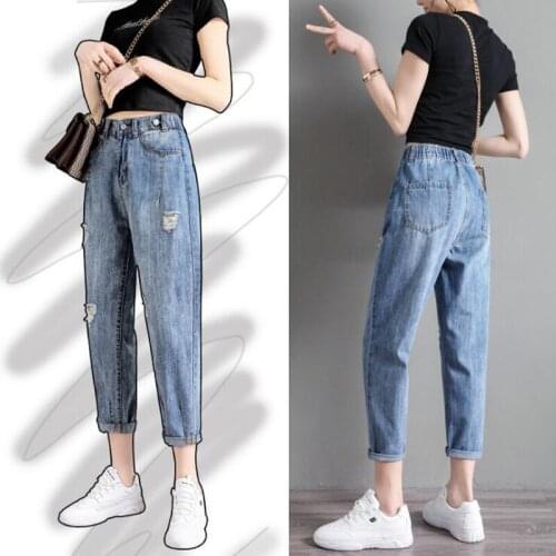 Women Jeans High Waist Pants Denim Clothing Hole Blue Streetwear Fashion Elastic Ankle-Length Harem Pants