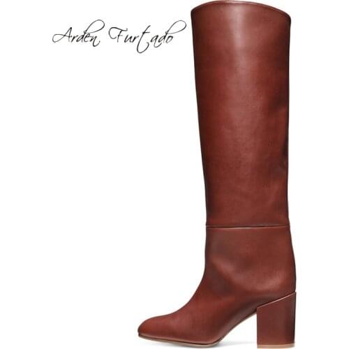 Arden Furtado Fashion Womens Shoes Winter Pointed Toe Chunky Heels Sexy Elegant Slip on Ladies Boots Pure Color Knee High Boots